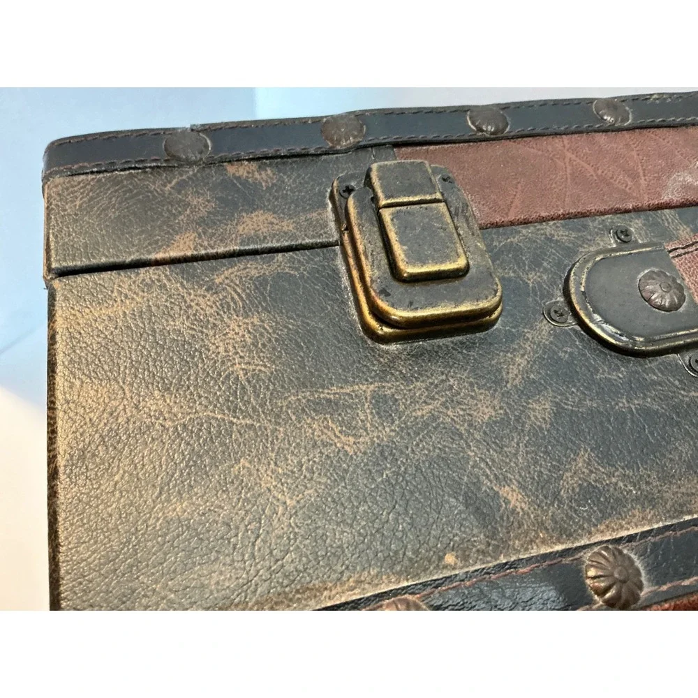 Vintage Style Cafe Storage Trunk Brown Faux Leather Patchwork Box Large
